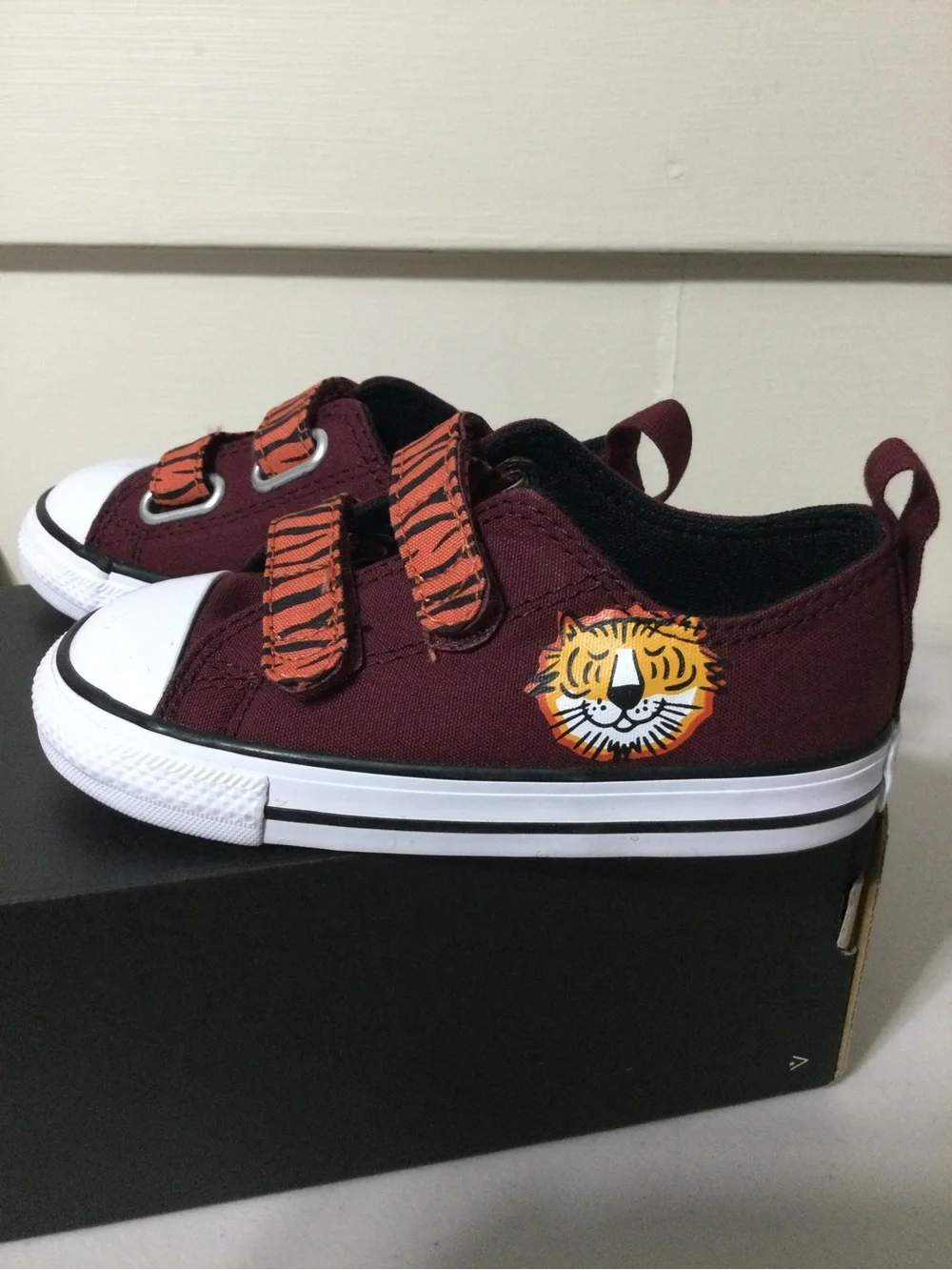 Converse Kids Maroon Sneakers with Orange Tiger-Print Straps